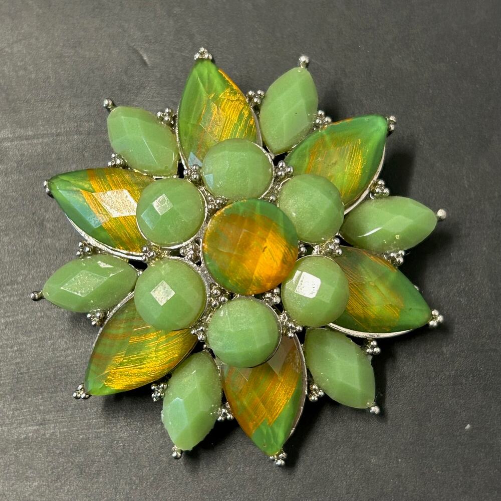 Flower Brooch Faceted‎ Green Gold Components Silver Tone Stacked Design
